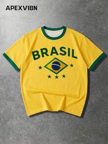 Casual Loose Fit Colorblock Short Sleeve T-Shirt, Brazil Flag Print, High Street American Style Summer Sportswear - Yellow - View 2