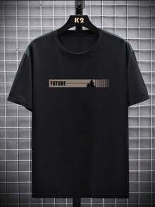 Men's Casual Letter Print Round Neck Short Sleeve ShirtHot Item - 黑色 - 查看 2