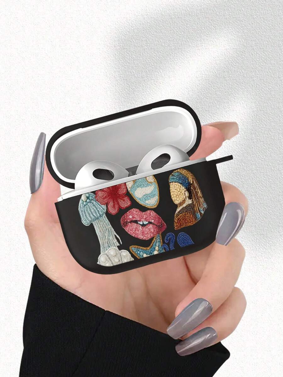 Art Painting Element Printed Earphone Protective Case, Matte Finish Anti-Drop Earphone Cover, Compatible With AirPods 2/3/4/Pro/Pro2/Pro3, Great Gift For Friends On Birthday And Holidays - Black - View 1