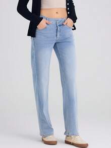 Women Asymmetric Low Rise Zipper Pockets Baggy Wide Leg Washed Casual Jeans - 特淺藍 - 查看 3