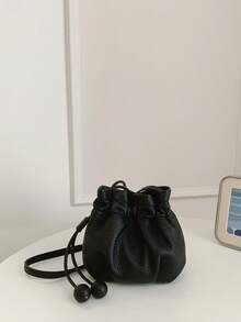 2026 New Arrival Bucket Bag, Large Capacity, Soft Leather, Elegant, Crossbody Shoulder Bag, Fashion Versatile Drawstring Bag For Women - Black - View 5