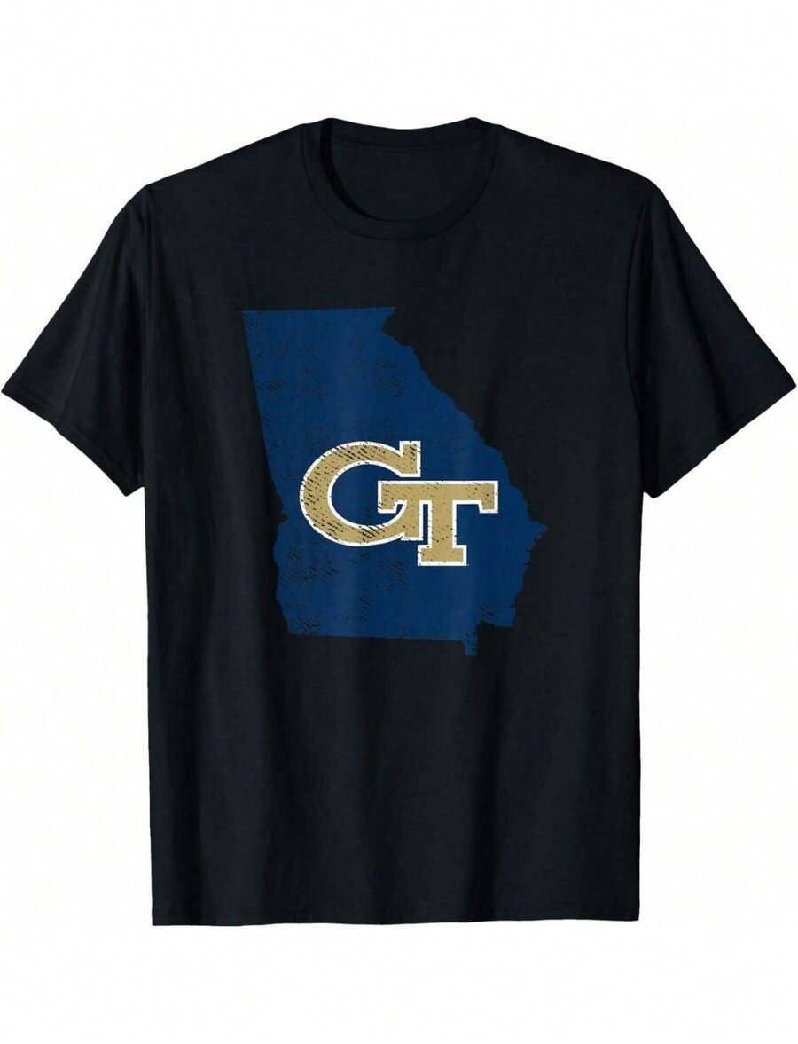 Casual Knitted Fabric Regular Length Short Sleeve Round Neck T-Shirt With Georgia Tech Print For Everyday Wear - Black - View 1