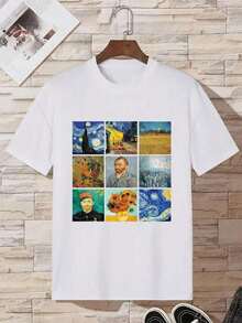 T-Shirt With Oil Painting Print - 白色的 - 查看 1