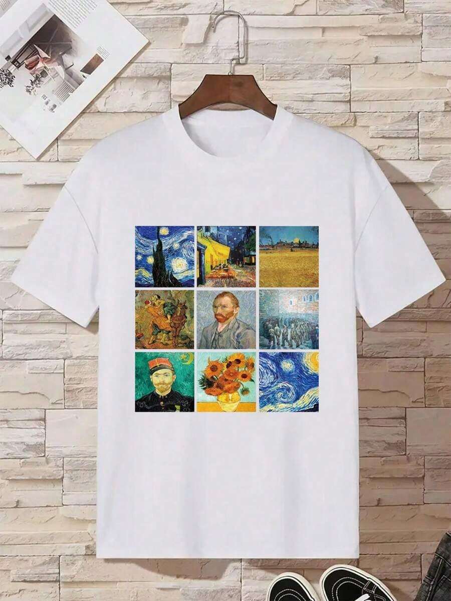 T-Shirt With Oil Painting Print - 白色的 - 查看 1