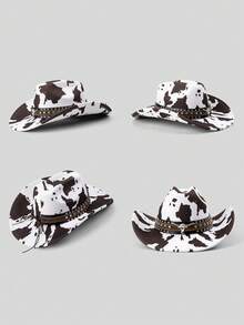 Unisex Polyester Cow Print Cowboy Hat - Leather Rivet Bull Head Decor, Perfect For Horse Riding, Outdoor Travel, Cowboy Party, And Daily Wear - Multicolor - View 3