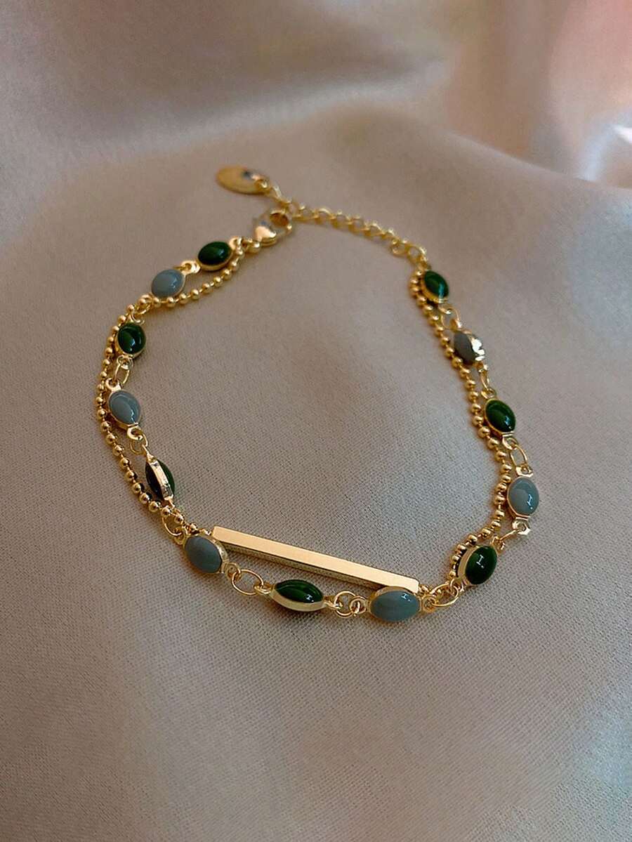 1pc Vintage Double-Layer Bracelet, Simple Green Bracelet [Hand-Cut To Length, Bead Colors Vary Randomly],Summer,Jewellery - Gold - View 1