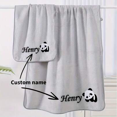 Customized Cartoon Panda Towel Set, 2pcs, Soft Absorbent Towel Fabric With Embroidery, Bathroom Towel, Women's Absorbent Bathrobe, Bathroom Decor & Accessories, High-Quality Towel, Towel Fabric Bathrobe, Premium Towel, Towel Bathrobe