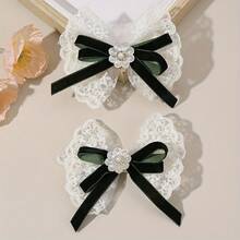 2 Elegant Flower Bow Hairpins In Soft Velvet With Lace Lace Bow Hairpins, Fall/Winter And Christmas Party Hair Accessories - Xanh đậm - Xem 1