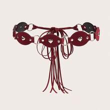 A Women's Belt With Heart-Shaped Rivets In Burgundy, Black, And Brown, Featuring Oval Pieces And Tassel Straps. Suitable For Pairing With Pants, Jeans, Or Dresses For Daily Outings, Parties, Music Festivals, And Sports - 紅色 - 查看 6