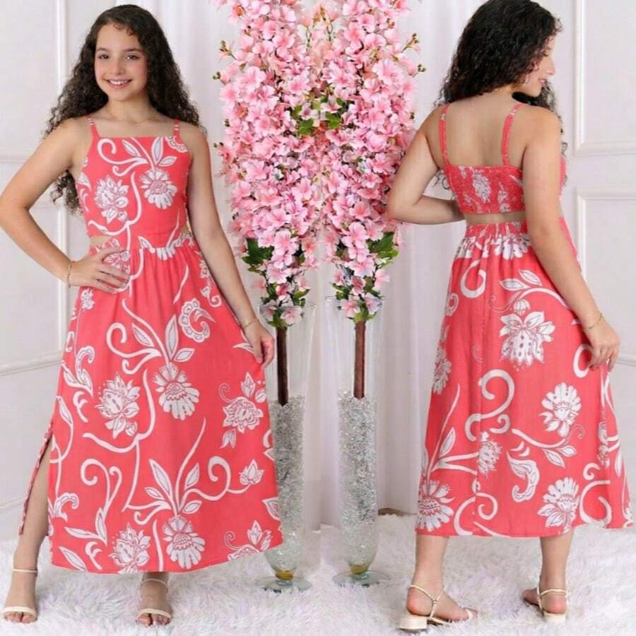 Women's Long Dress In Premium Duna Fabric With Thin Straps, Waist Cutout, Adjustable Elastic Back, Flowing Skirt With Side Slit, Elegant, Comfortable And Modern Casual Chic Design - 粉紅色印花 - 查看 1