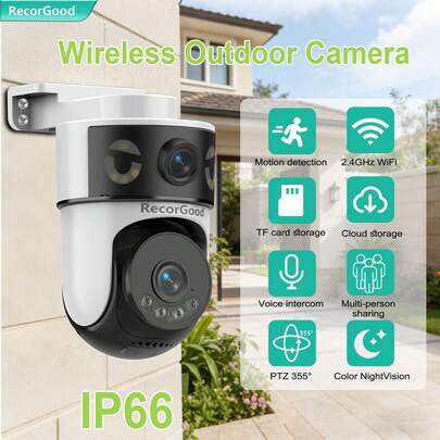 RecorGood 1PC Dual Lens Dual View Wireless Security Camera, PTZ Home Monitoring Camera With TF Card Storage (No Monthly Fee), 2.4G WiFi Cloud Camera, Color Night Vision, AI Auto Tracking, 355° View, Human Detection, Two-Way Talk, App Control Compatible With Alexa & . Guard Your Territory Like A Sentinel – Great For Halloween, Christmas & New Year Gifts.