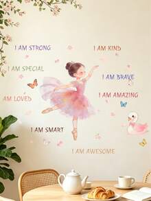 1pc Cartoon Girl Motivational PVC Wall Stickers Heart Butterfly Decorative Self-Adhesive Wall Decals For Living Room Bedroom Background - Multicolor - View 4