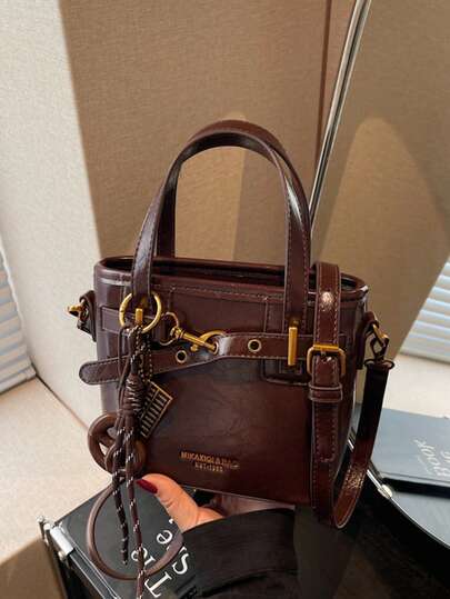 Faux Leather Solid Color Mini Bucket Bag, Versatile Casual Handbag & Shoulder Bag