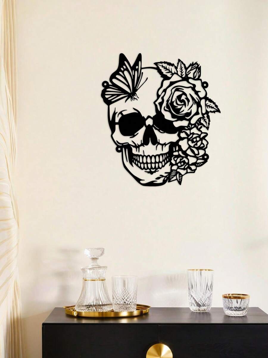 1pc Iron Skull & Flower Wall Decor, Gothic Style For Living Room, Bedroom, Entryway, Dining Room - Black - View 1