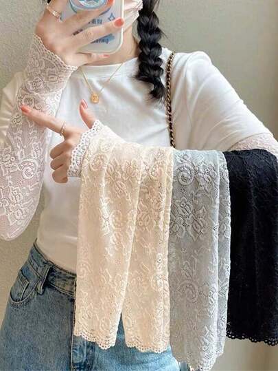 新款女士防晒旅行遮疤蕾丝防紫外线臂套，透气网眼设计，可遮盖纹身和疤痕，适合驾驶、遮盖手臂、防晒、晨跑、骑行、旅行等场合；装饰性长款假袖（颜色批次可能略有差异，但不影响使用或美观）