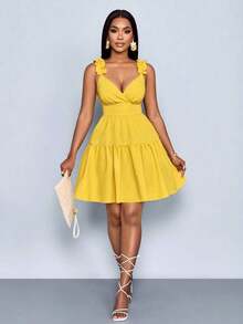 Women's Spring Summer Fashion Solid Color Loose Casual Back Cut-Out Loose Short Dress,Vacation, Music Festival, Back To School,Romance,Party Outfit - 黑色 - 查看 7