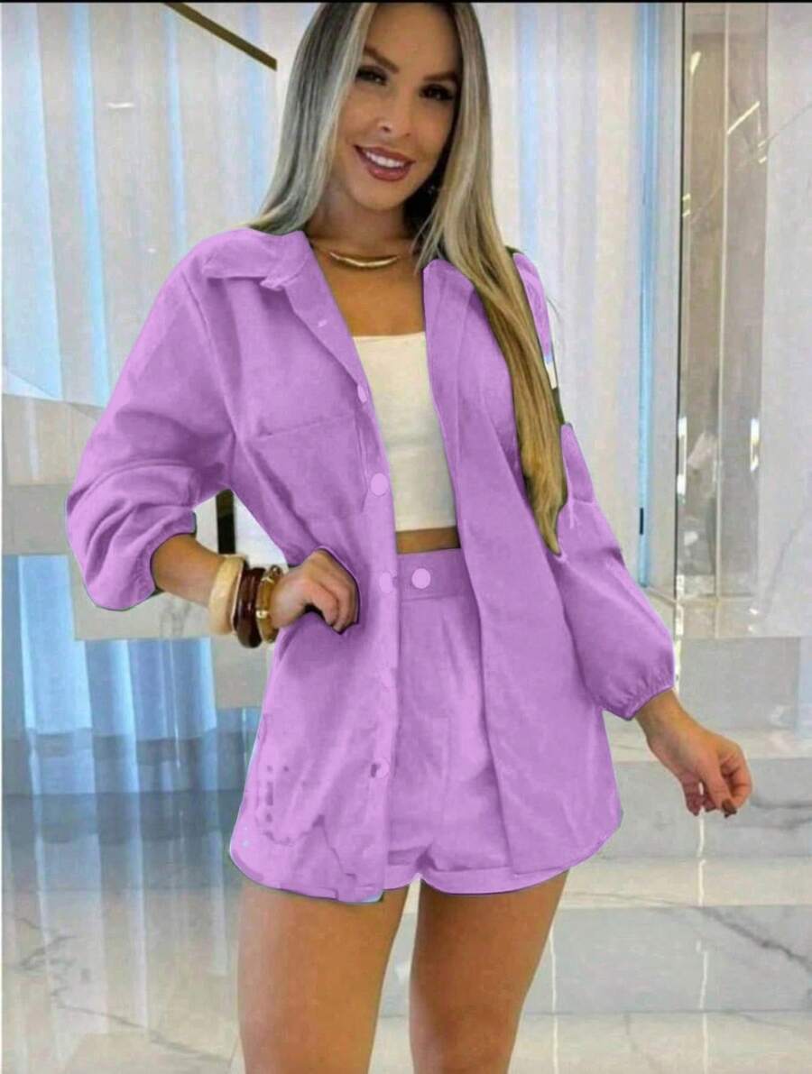Combination Set Consisting Of A Long-Sleeved Top And Shorts. - 淡紫色 - 查看 1
