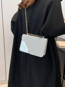 Fashionable, Classic, Versatile Solid Silver PU Waterproof Fabric Shoulder Bag, Sequined Ladies' Small Square Bag With Embossed Design, Women's Wallet With Top Metal Chain, Tofu Block Square Bag, Commuter Bag, Suitable For Travel Shopping, Holiday Gatherings, Parties, And Other Occasions. - Silver - View 5