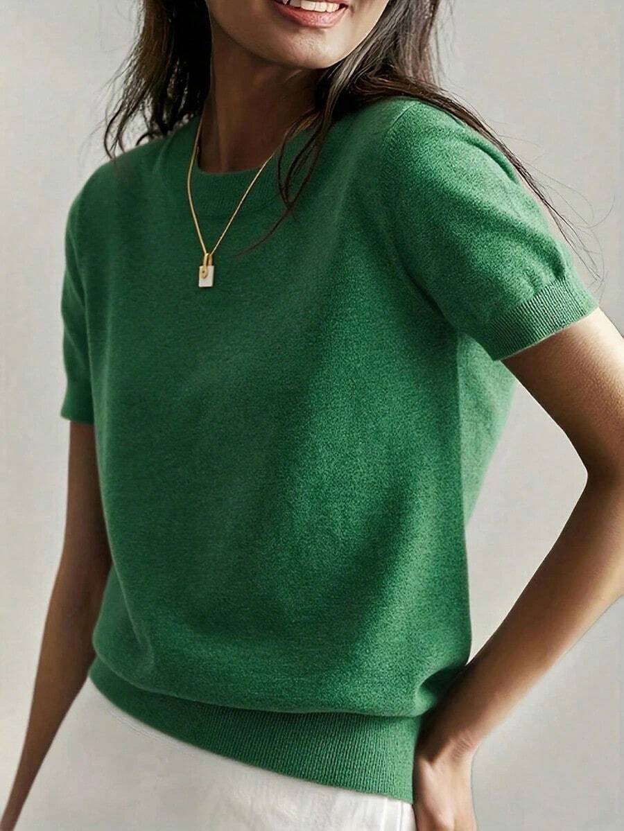 Camiseta de punto de manga corta de unicolor y peso ligero para mujer, top de verano minimalista en rojo - Verde - Ver 1