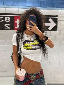 Crop TopsStreetHx Women's Summer Cropped T-Shirt With Western Cowboy Elements, Cropped Tee With Exposed Midriff, White Baby TeeLoose And Comfortablekorean Fashion Women Cute Tops - 白色 - 查看 1