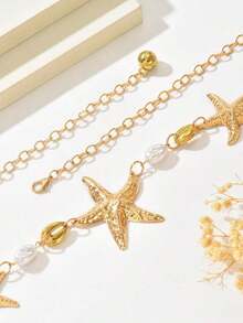 1pc Exaggerated Sexy Metal Starfish Shell Faux Pearl Waist Chain, Ocean Beach Resort Style, Suitable For Women's Daily, Party, And Holiday Wear - 黃金2 - 查看 3