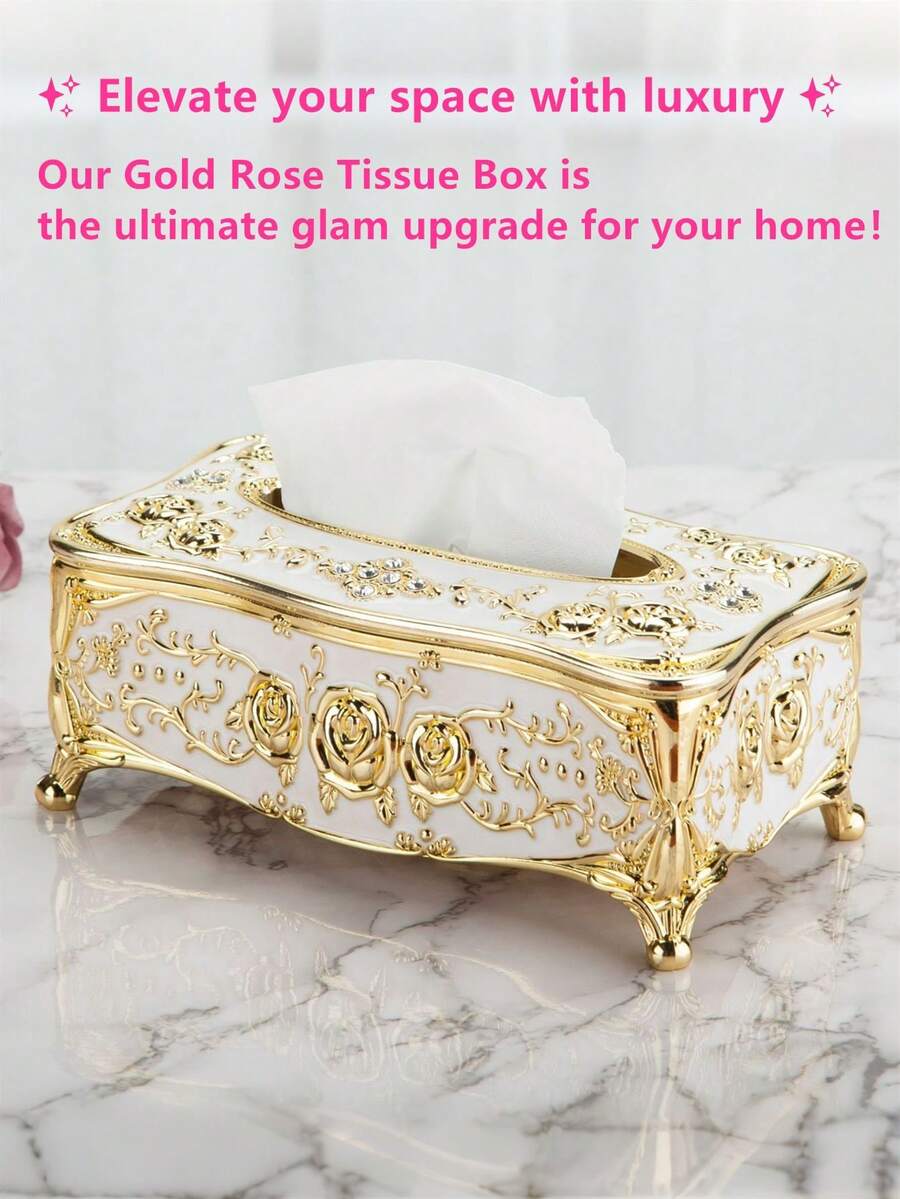 1pc Luxury Gold Tissue Box, Decorative Tissue Dispenser, Crystal Rhinestone Tissue Box, European Style Home Decor - Gold Pearlescent White - View 1