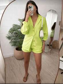 Combination Set Consisting Of A Long-Sleeved Top And Shorts. - 薄荷綠 - 查看 2