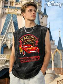 Disney Cars Lightning McQueen Kachow Speedometer Officially Licensed Men's Sleeveless Graphic Tee, 100% Cotton 230g Washed Vintage Casual Shirt - 黑色 - 查看 3