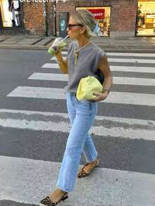 Áo len dệt kim không tay cổ tròn màu vàng mới cho mùa hè/thu, kiểu dáng rộng rãi thoải mái, áo hai dây mỏng nhẹ, áo kiểu nữ dễ thương, trang phục ngày Valentine, trang phục ngoài trời. - Màu xám đen - Xem 3