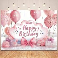 1pc Customizable Pink Ombre Shell Bow Happy Birthday Backdrop, Pink Heart Sequin Balloon On White Background, Suitable For Birthday, Baby Shower, Bridal Shower, Party Decoration - Type C - View 2
