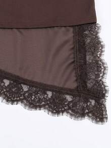 Solid Color Contrast Lace Short Sleeve T-Shirt, Spring/Summer Casual - Coffee Brown - View 7