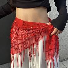 1件女款三角肚舞套裝 亮片裙風流蘇腰巾，舞者腰部圍巾，適合狂歡節、嘉年華表演、節慶、派對、夜店、海灘穿搭，異國風情、波希米亞、復古風格，海灘配件 - 彩色 - 查看 14