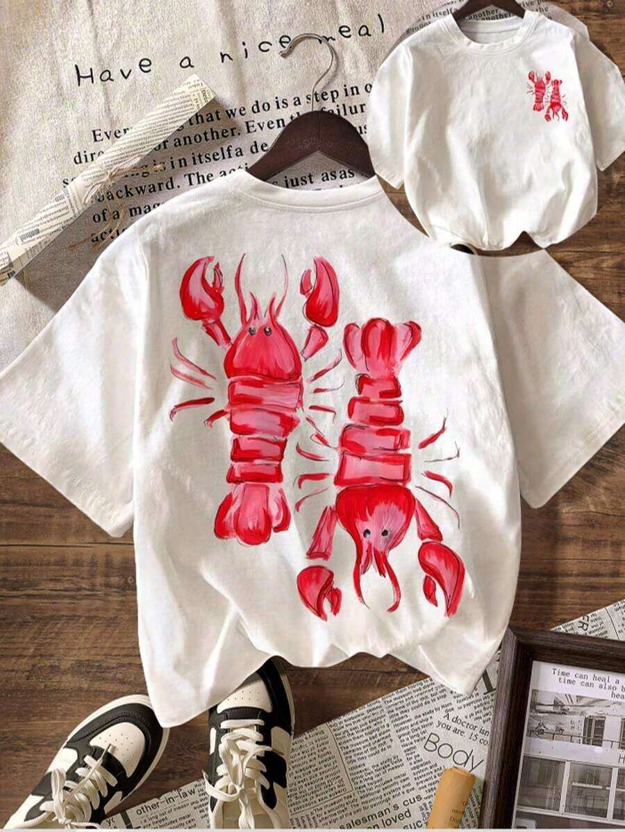 Y2K Pink Lobster Summer Beach Club Casual Round Neck Graphic Tee, Oversized Women's, Summer Top For Women - 白色 - 查看 1