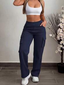 Plus Size Women's Casual Fashion Versatile Cargo Pants Spring - Navy Blue - View 4
