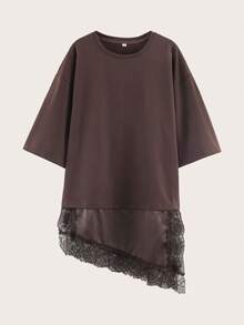 Solid Color Contrast Lace Short Sleeve T-Shirt, Spring/Summer Casual - Coffee Brown - View 2