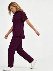 2-Piece Wine Red Solid Color Scrub Set For Women Soft Polyester-Spandex Stretch Work Uniform With Multiple Pockets Comfort Fit - 酒紅色 - 查看 2