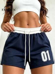 Women's Loose Fit Bicolor Hotpants With Ribbed Waistband, Elongating Legs, Versatile Summer Sports Essential! - Navy Blue - View 9