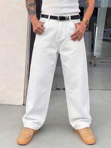 Quần jeans nam màu trắng dáng suông đơn giản, kiểu dáng rộng rãi, đa năng, thích hợp mặc đi làm, là item thời trang đường phố cho mọi mùa. - trắng - Xem 4