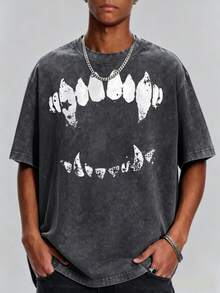 Funny Graphic Tee Short Sleeve T-Shirt Vintage Wash Tee Black Teeth Graphic Print Casual Daily Wear Y2K Street Wear Unique Quirky Pattern Short-Sleeve T-Shirt - 黑色 - 查看 3