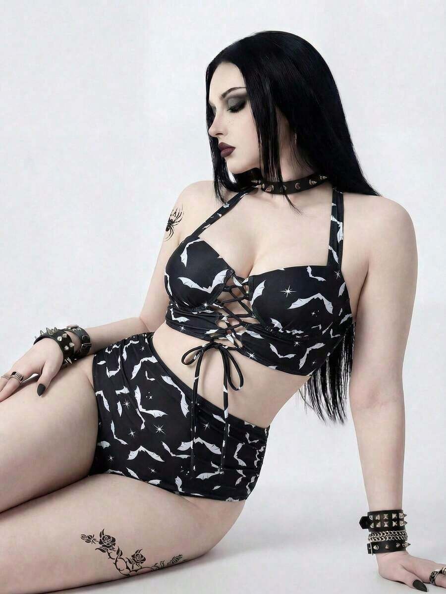 ROMWE Goth 2026 New Summer Beach Vacation Casual Punk Bat Animal Print Sexy Plus Size Swimsuit Set - Multicolor - View 1