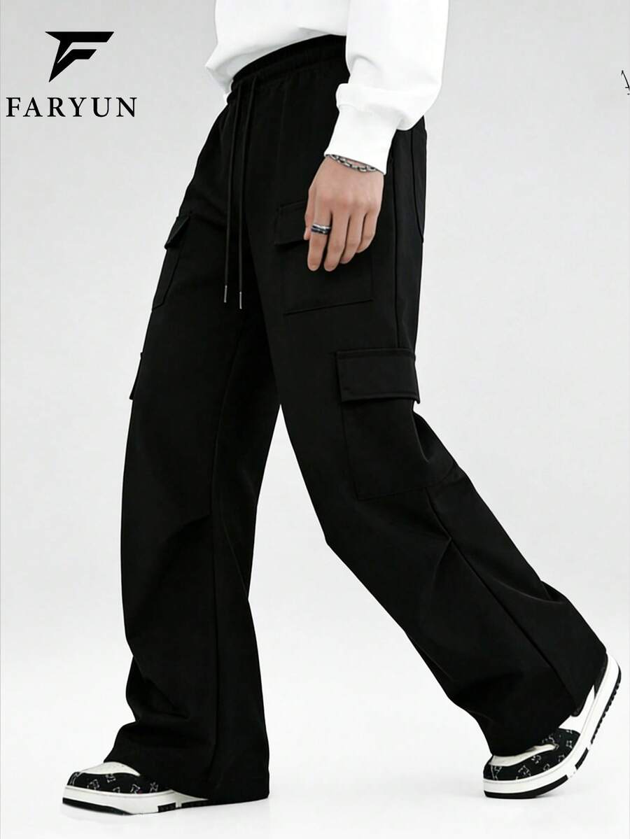 Men's Loose Wide Leg Multi-Pocket Functional Cargo Pants, Casual Street Style - Black - View 1