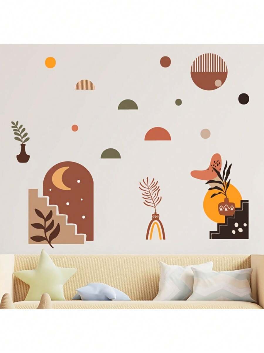 Hình dán tường phong cách Boho hiện đại, decal PVC có thể tháo rời, thích hợp trang trí phòng khách, phòng ngủ và phòng tắm. - Phong cách Bohemian hiện đại - Xem 1