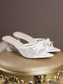 尖头系带细高跟凉鞋，新款蝴蝶结露跟穆勒鞋，优雅网纱白色高跟女鞋 - 白色 - 查看 6