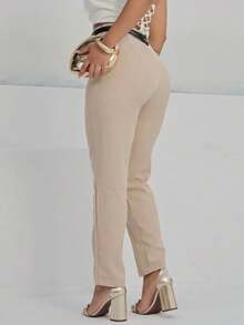 Women's High-Waisted Tailored Trousers With Belt | Elegant Formal Trousers With Pocket And Side Zipper - Màu be - Xem 4