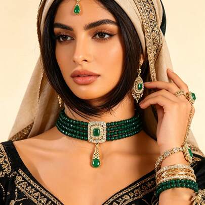 1 pieza Collar de cuentas multicapa estilo marroquí árabe, colgante chapado en oro de 18K con circonita cúbica, accesorio tradicional para hijab, kaftan, abaya, tocado nupcial, cadena para el cuello, de doble uso