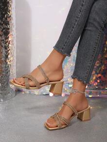 Giày sandal đế dày mũi vuông đính pha lê, quai chéo, kiểu dáng mùa hè mới, thời trang, thanh lịch và thoải mái. - Vàng - Xem 7