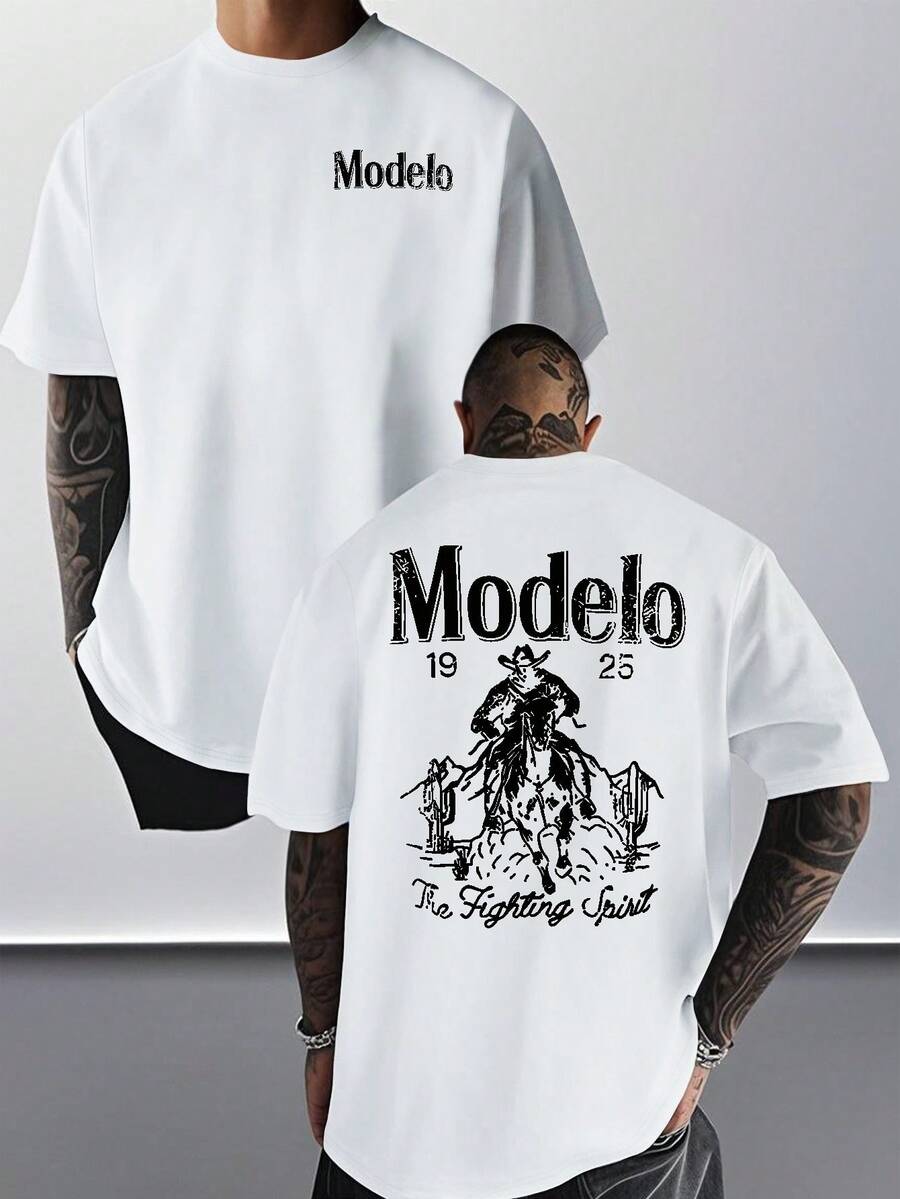 1pc Modelo Graphic Print Men's 100% Cotton T-Shirt, Casual Sports Style Top T-Shirt, Fashionable Street Style, Suitable For Travel And Sports Wear - trắng - Xem 1