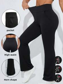 女士日常工作裤运动紧身裤口袋高腰提臀瑜伽裤春季黑色 - 黑色 - 查看 1
