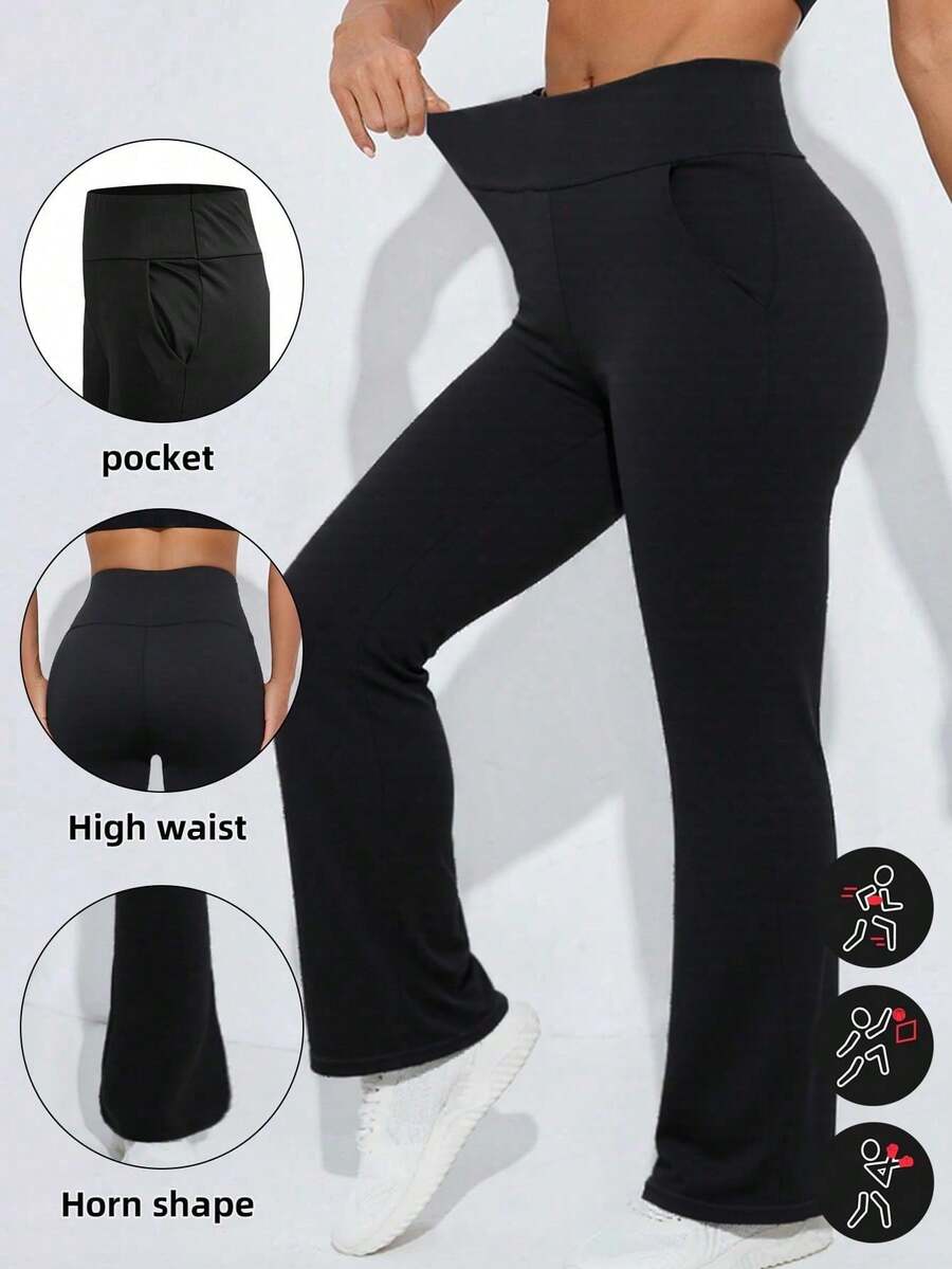 女士日常工作裤运动紧身裤口袋高腰提臀瑜伽裤春季黑色 - 黑色 - 查看 1
