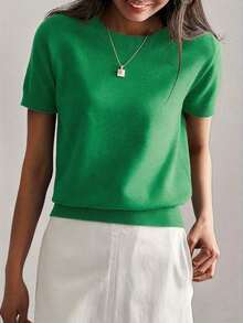 Camiseta de punto de manga corta de unicolor y peso ligero para mujer, top de verano minimalista en rojo - Verde - Ver 3